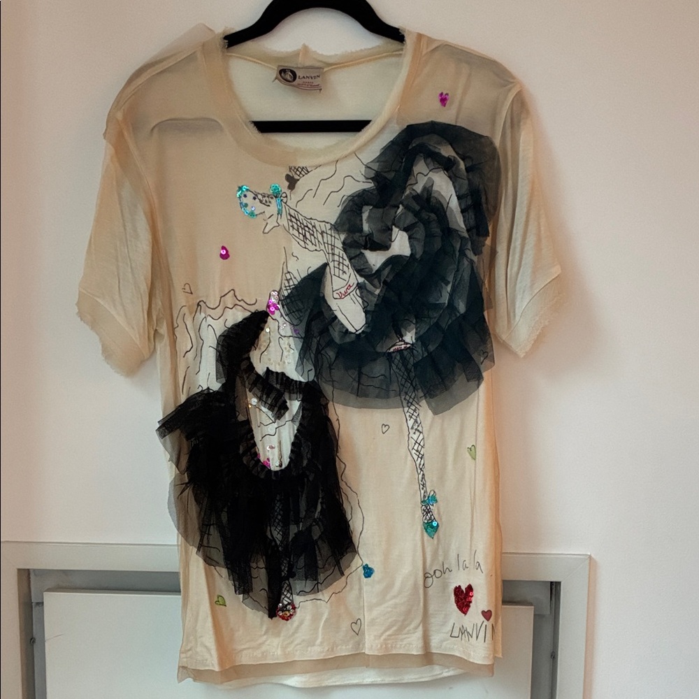 Lanvin (Alber Elbaz) Cream T-Shirt with tulle, sequins etc. Never worn!